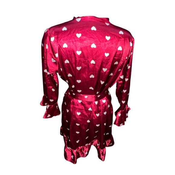 Red Satin Robe Size Large Womens White Heart Print Ruffled Hem & Sleeves Tie-Wai - Picture 5 of 7
